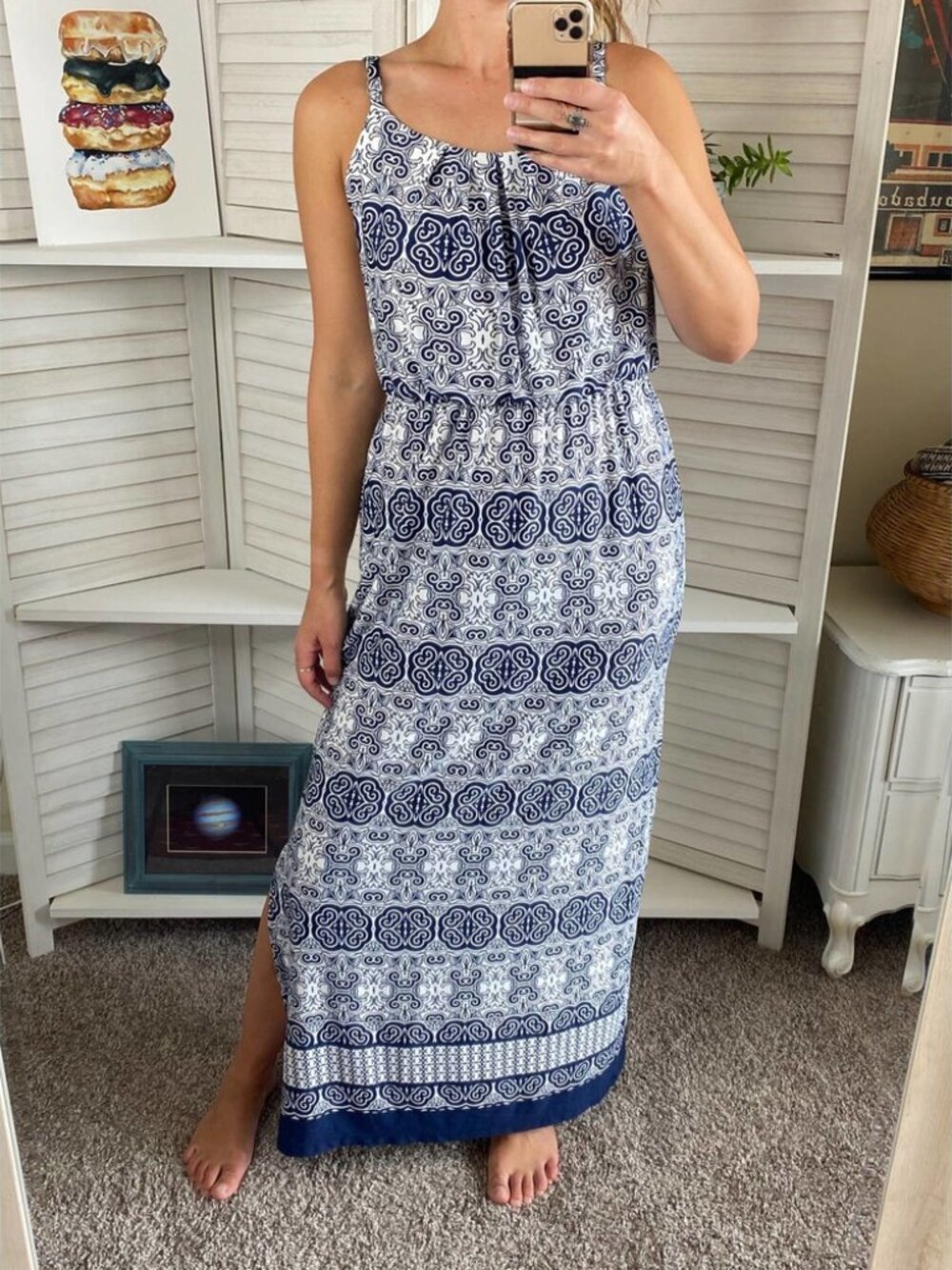 AB Studio Navy blue and white maxi dress Blouson Top elastic waist
